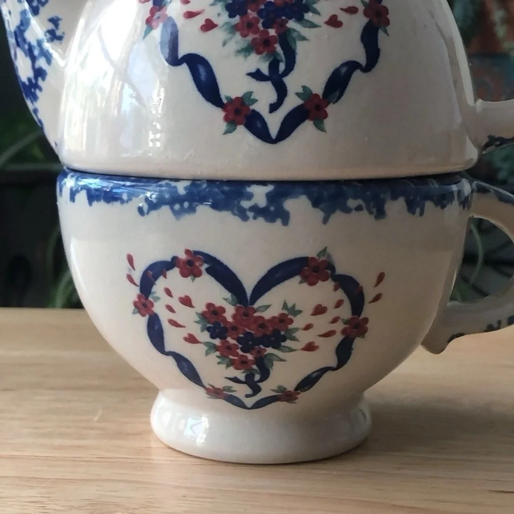Nantucket Country Hearts Stacking Tea Pot & Cup 16oz Tea for One Vintage Ceramic